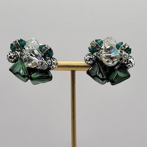 VTG 1950s Cluster Clip On Earrings with Givre Green and Black Glass AB Crystals